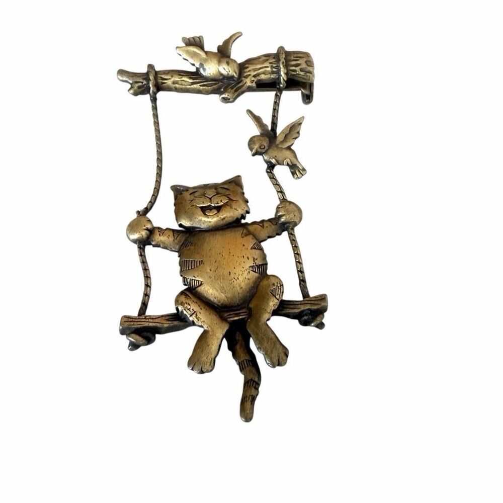 Vintage JJ Jonette Cat on Swing Birds Articulated Brooch